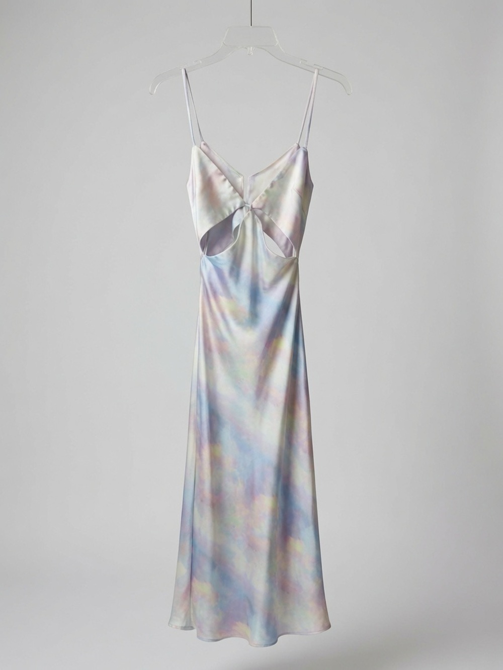 Skylar + Madison Iridescent Pastel Tie Dye Satin Midi Slip Dress Keyhole Cutout